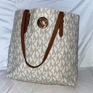 Michael Kors Gold Logo White Tote MK Print